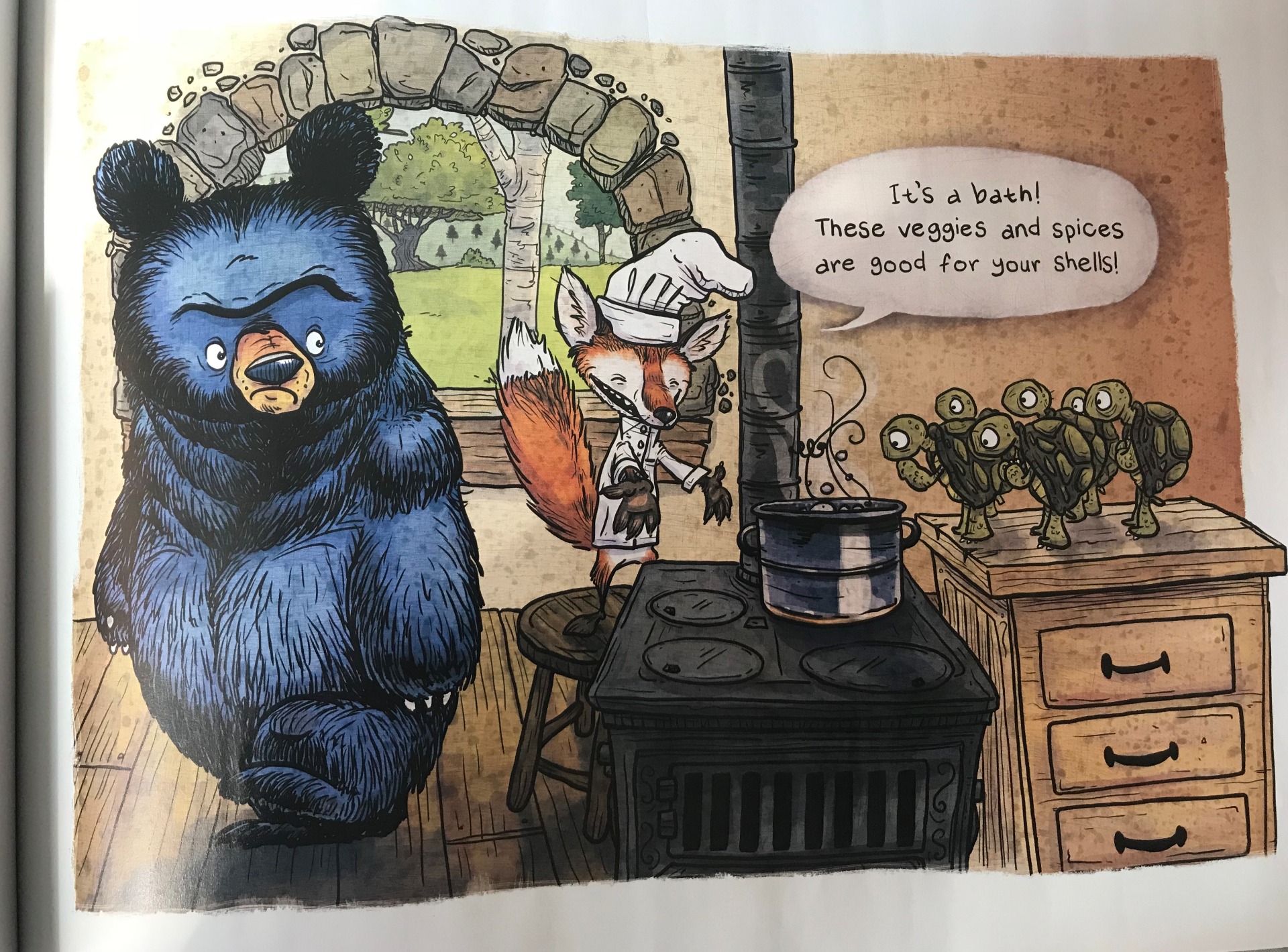 Fox the chef making turtle soup, veggies and spices for the group (Instrument used: wood blocks)